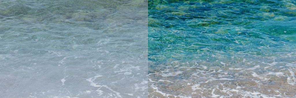 Side by side before and after photo editing of the ocean
